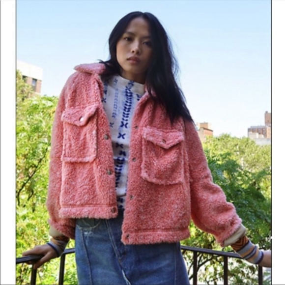 NWT Free People Pink‎ Teddy Cropped Jacket Size Small - Picture 1 of 13